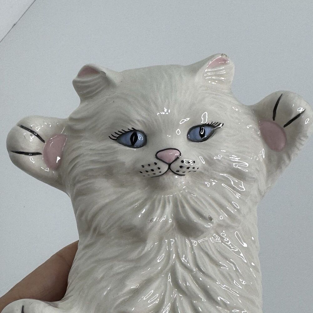 VTG Small White Kitty Cat Painted Glazed 1980 Signed Hobbyist Playful
